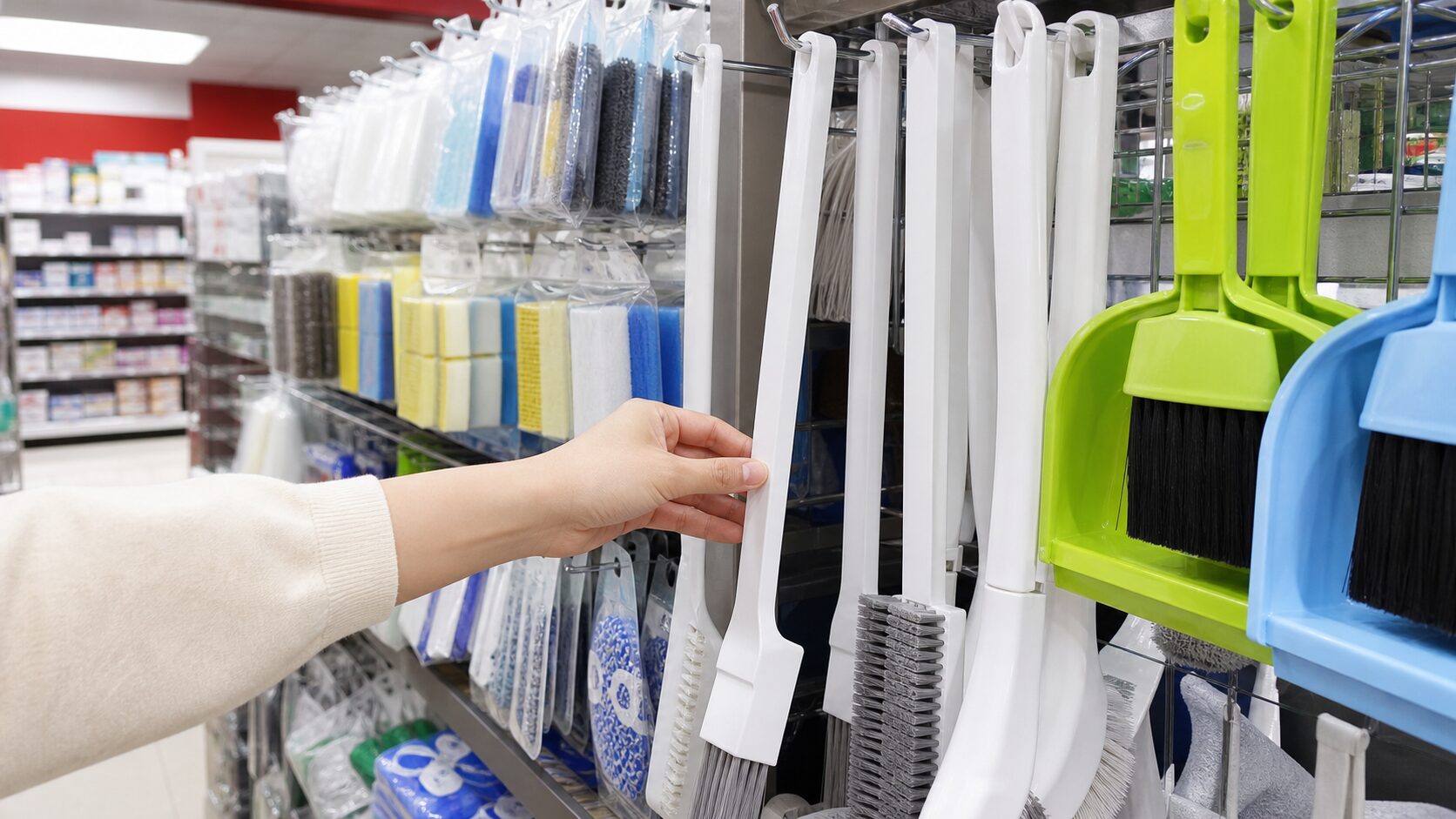 100均の掃除用品売り場で立つスキマブラシを探すイメージ