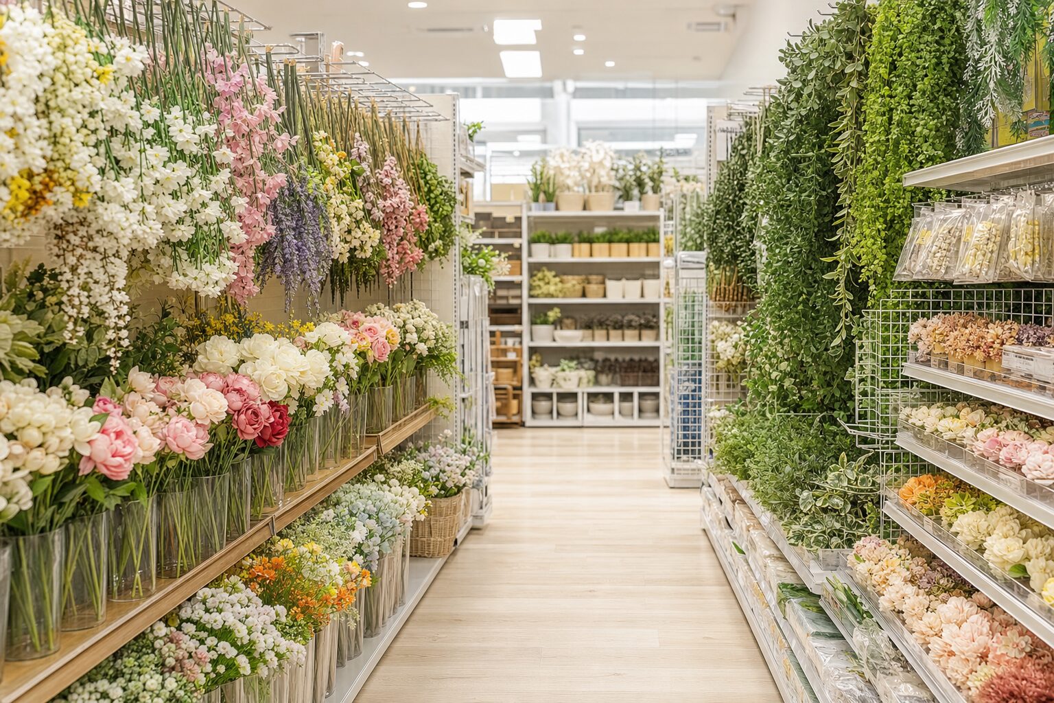 造花とフェイクグリーンが並ぶ明るい売り場のイメージ