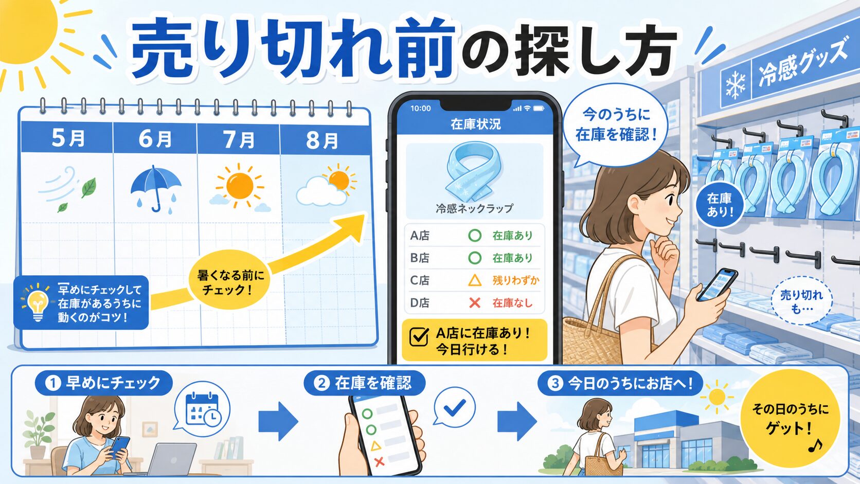 売り切れやすい時期と買い方の順番の結論を示す手書き図解