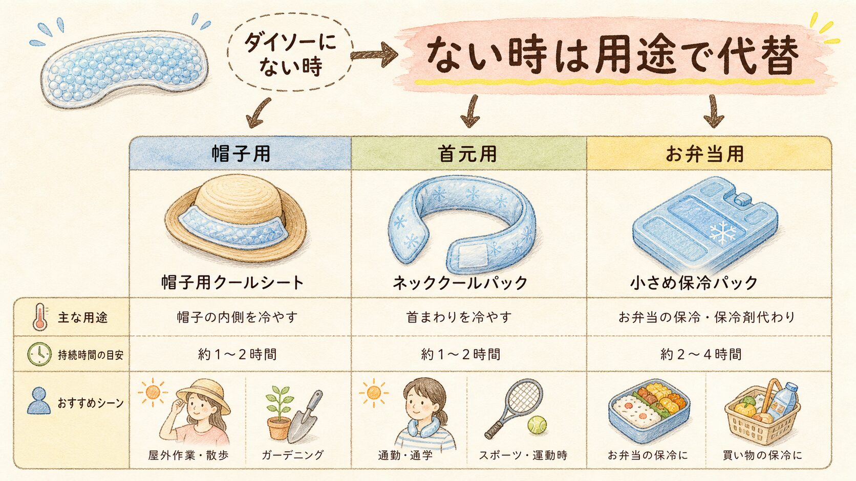 ダイソーで買えない時の代替候補の結論を示す手書き図解