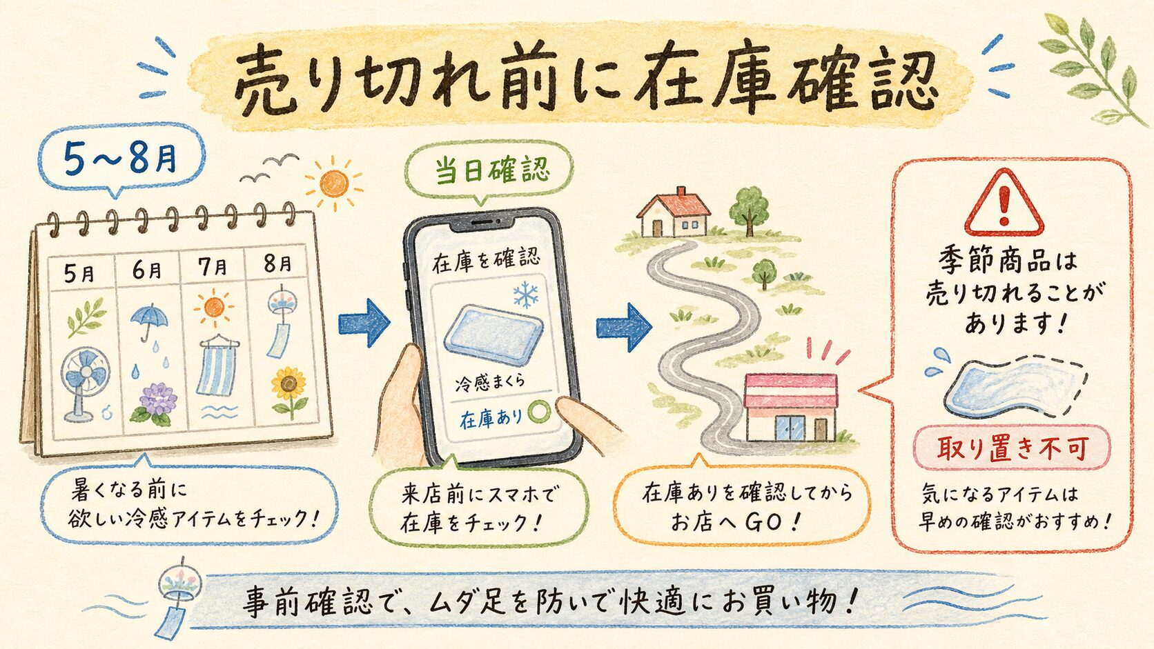 売り切れやすい時期と探し方の結論を示す手書き図解