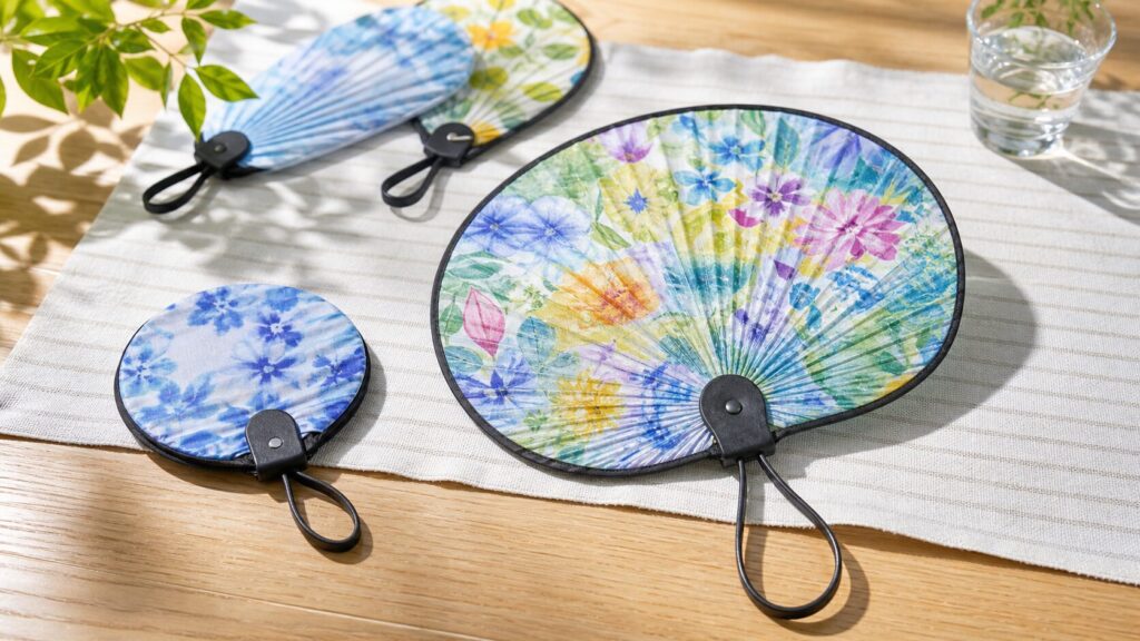 色とりどりの折りたたみうちわを並べた夏のイメージ