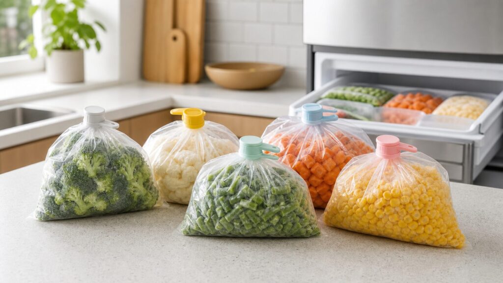 冷凍食品の袋に取り付ける袋キャップと整理された冷凍庫のイメージ