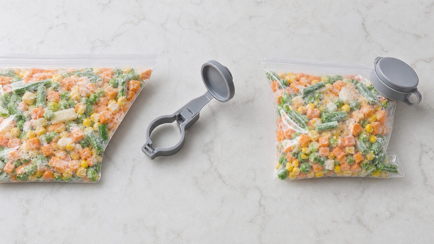 冷凍食品の袋に袋キャップを取り付ける手順のイメージ