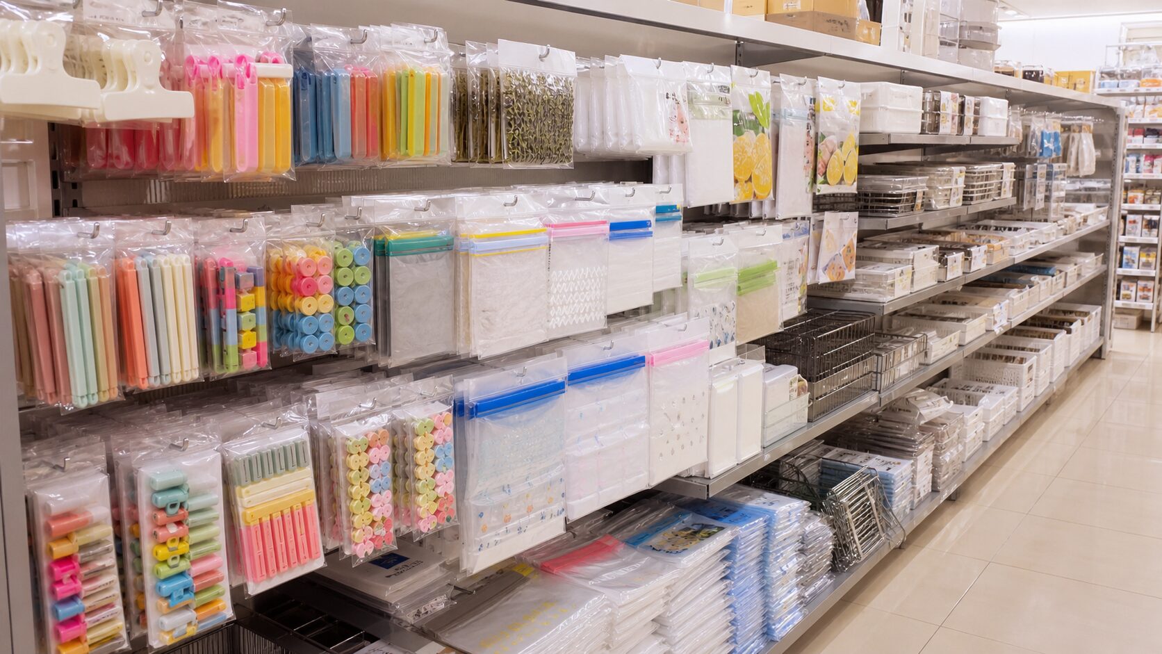 袋クリップや保存袋が並ぶキッチン用品売り場のイメージ