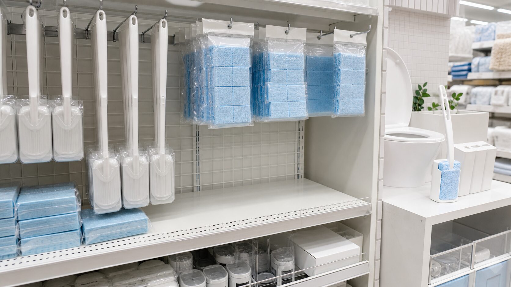 店舗の掃除用品売り場に並ぶ流せるトイレブラシのイメージ