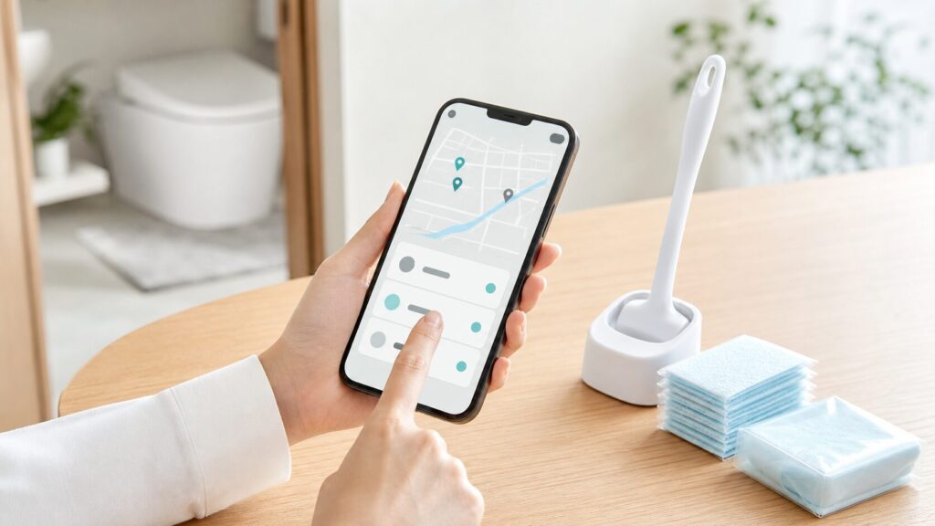 スマートフォンでダイソー公式アプリの店舗在庫を確認するイメージ