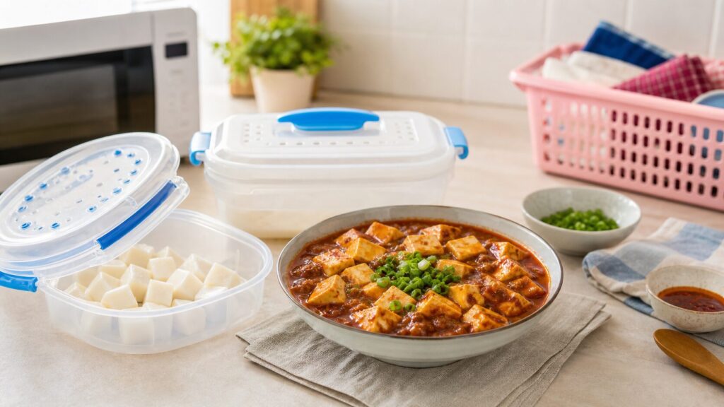 ダイソーの麻婆豆腐職人をイメージしたキッチンと麻婆豆腐のアイキャッチ画像