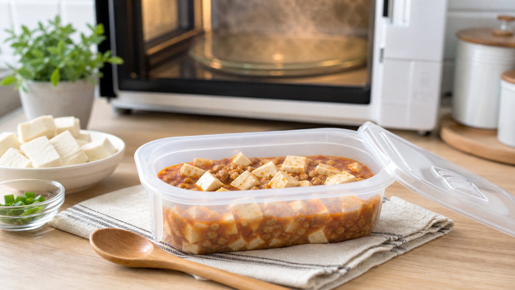 麻婆豆腐職人を電子レンジ調理で使うキッチンイメージ画像