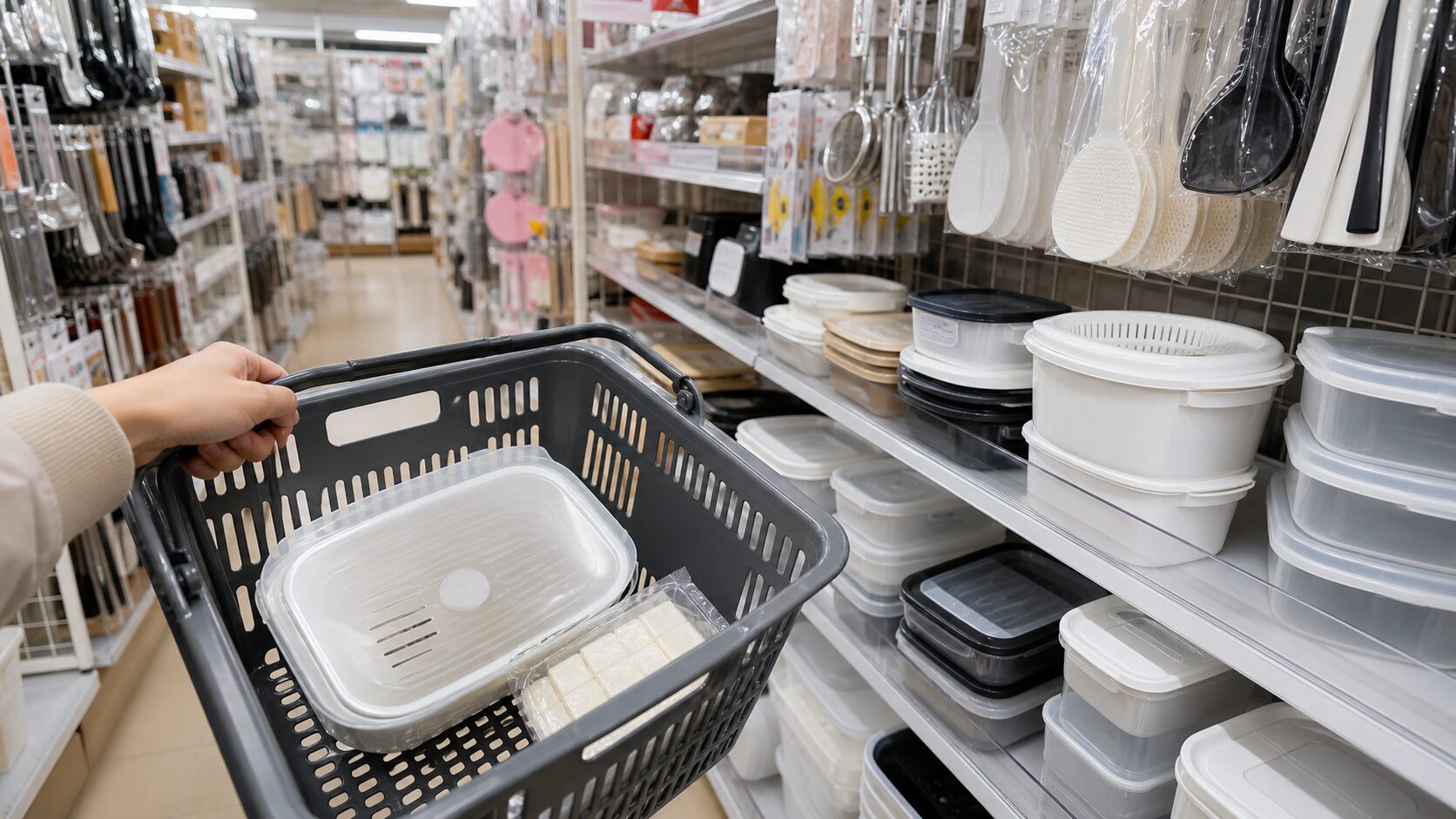 100均のキッチン用品売り場で麻婆豆腐職人を探すイメージ画像