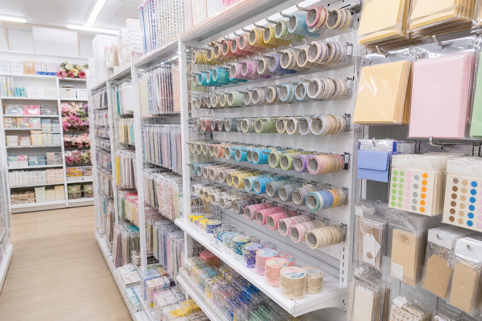 100円ショップの文具売り場に並ぶマスキングテープのイメージ