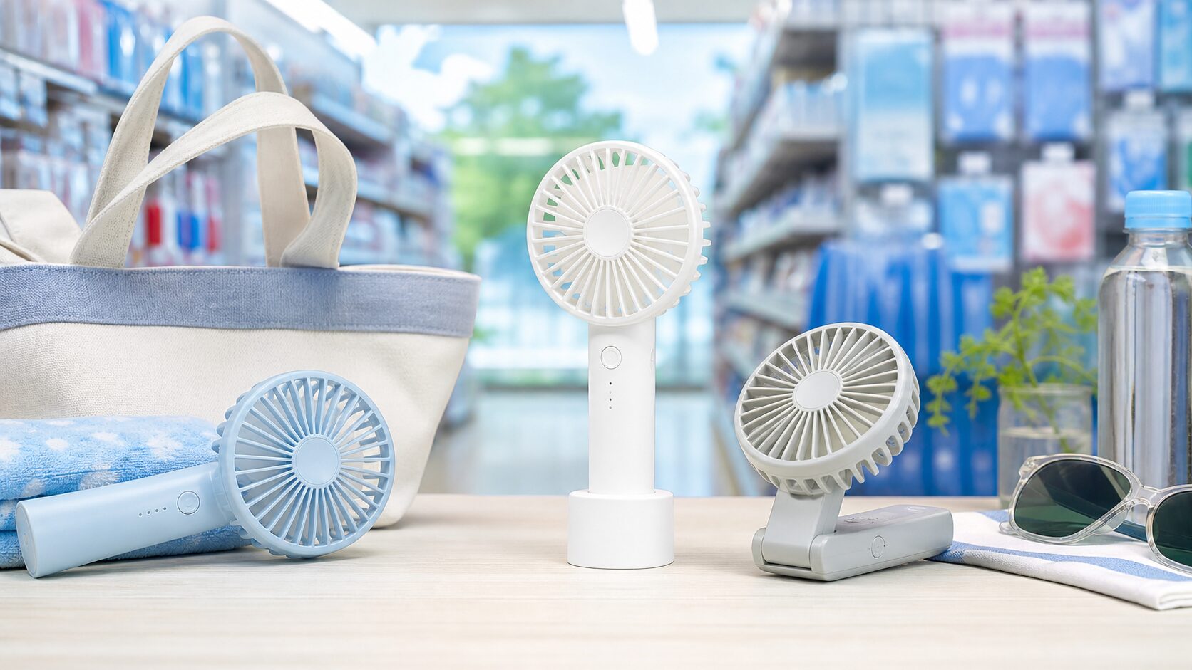 ダイソーのポータブルミニファンの売り場と購入方法を紹介するイメージ