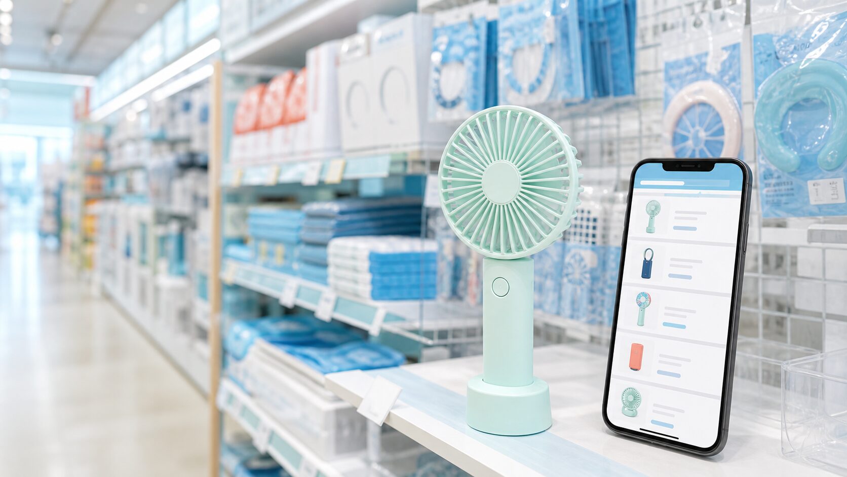ダイソーのポータブルミニファンの売り場と在庫検索イメージ