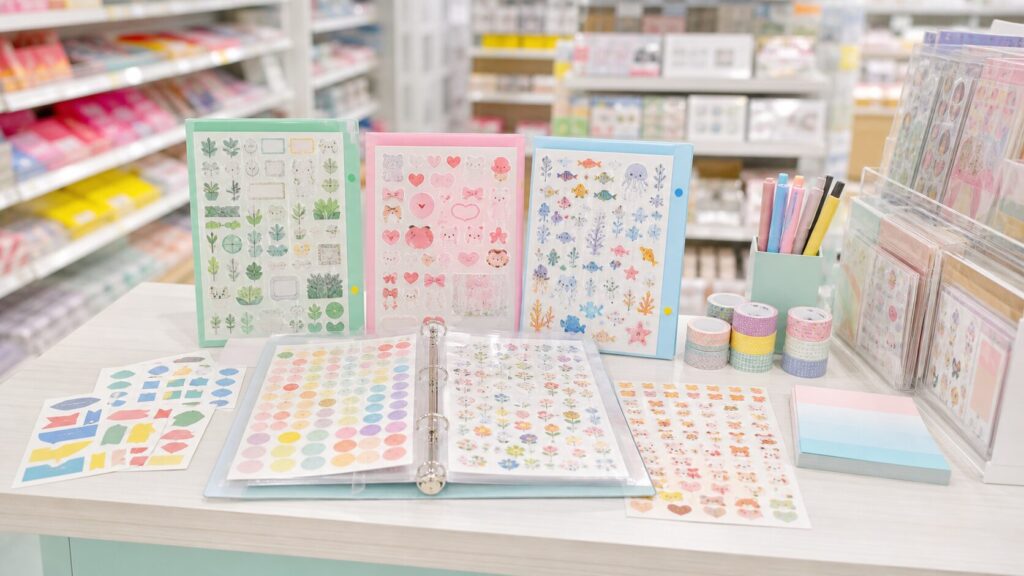 Sticker book display at a 100 yen shop