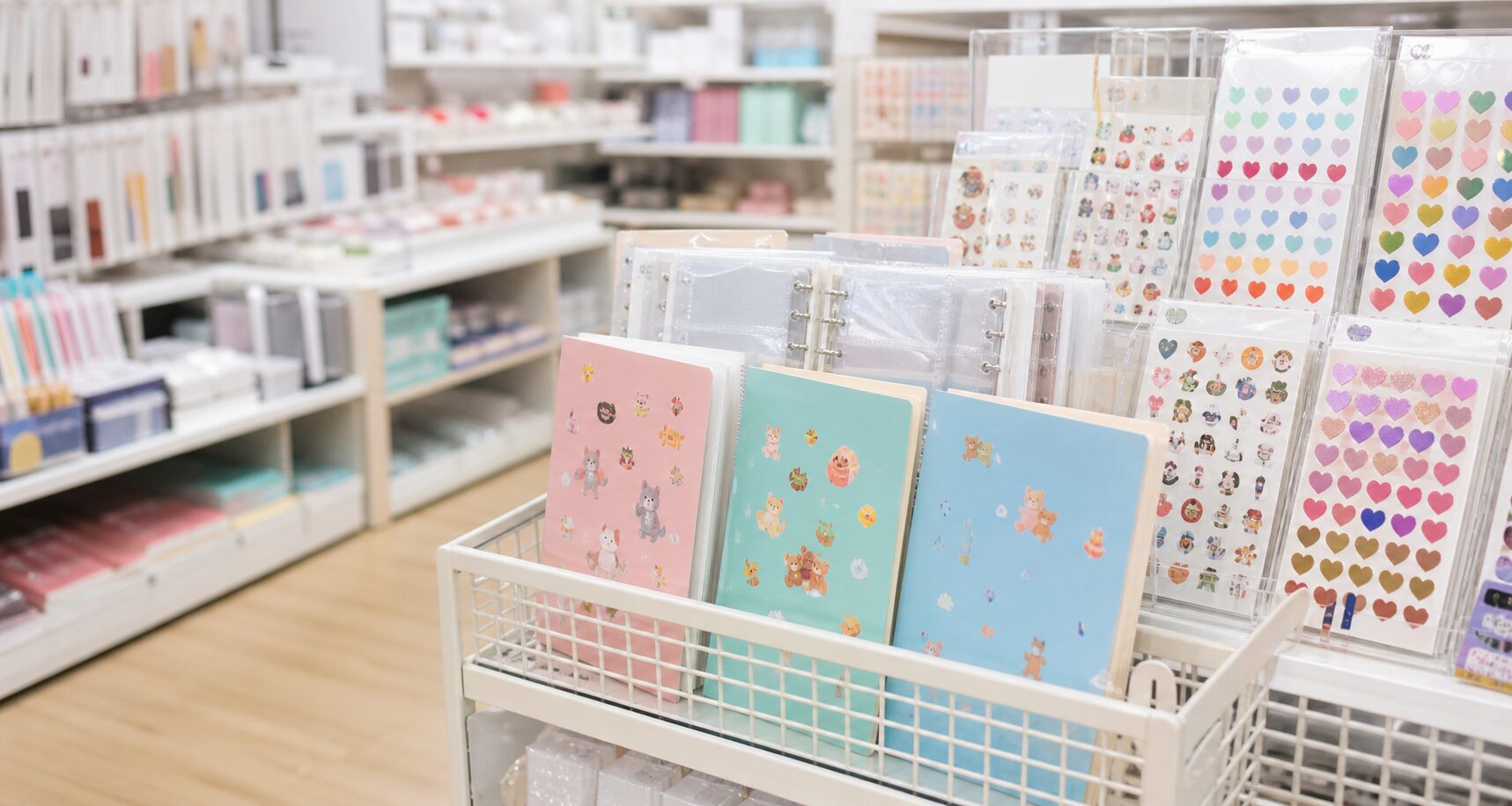 100均の文具売り場でシール帳を探すイメージ
