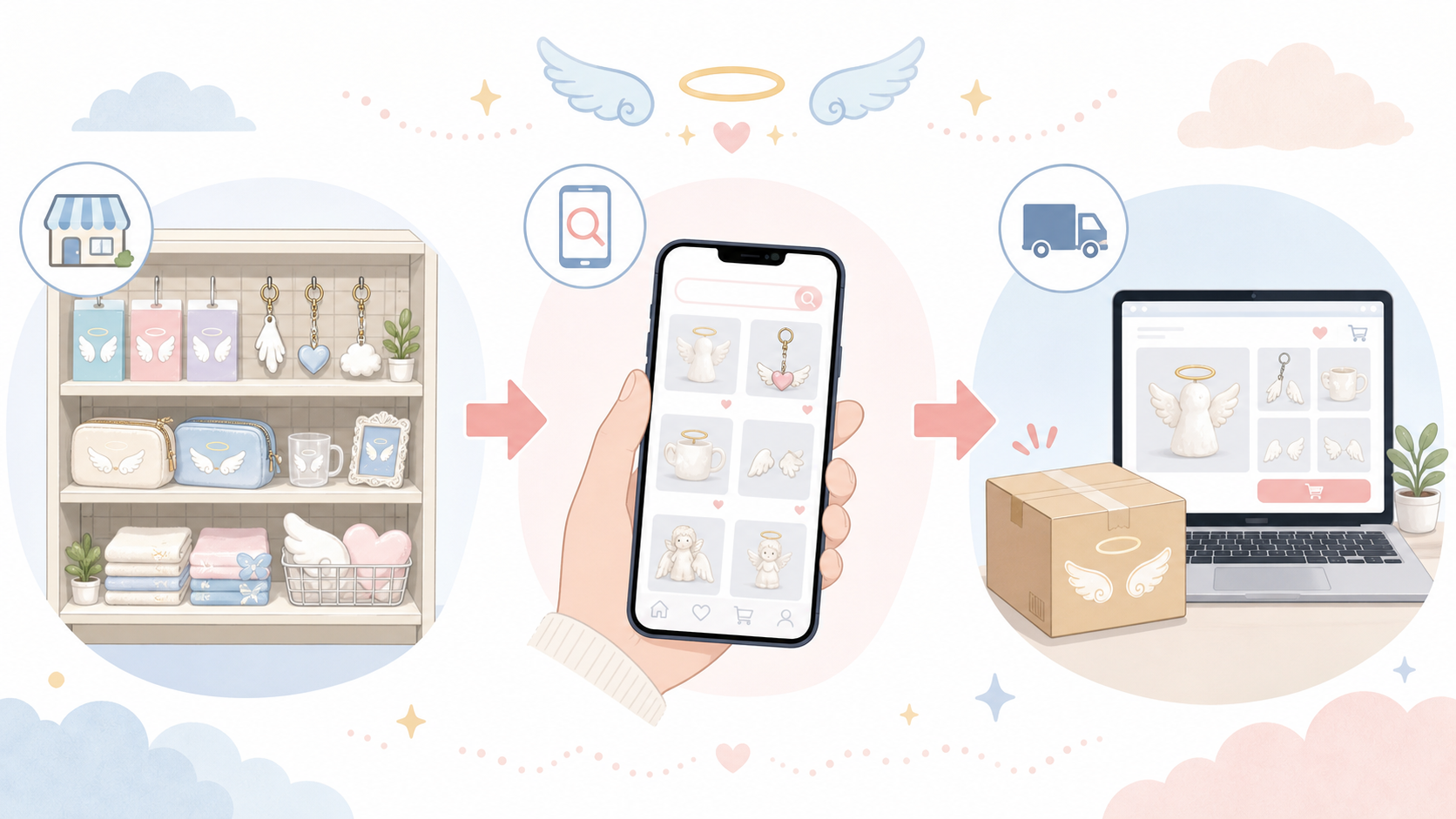 店頭の棚、スマートフォンの在庫検索、通販を順に確認するイメージ