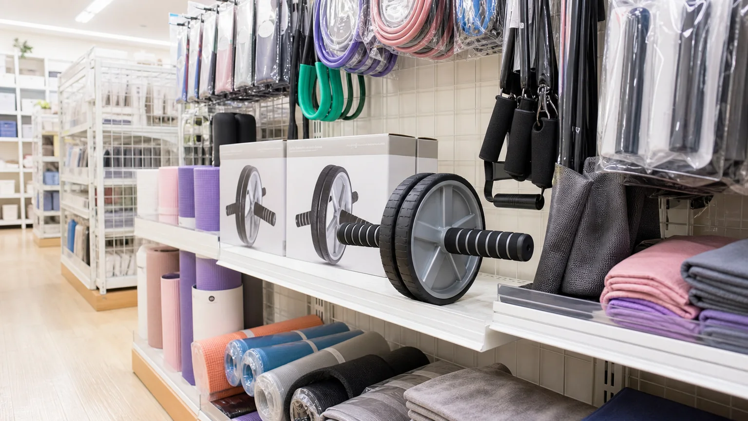 ダイソーのエクササイズ用品売り場で腹筋ローラーを探すイメージ