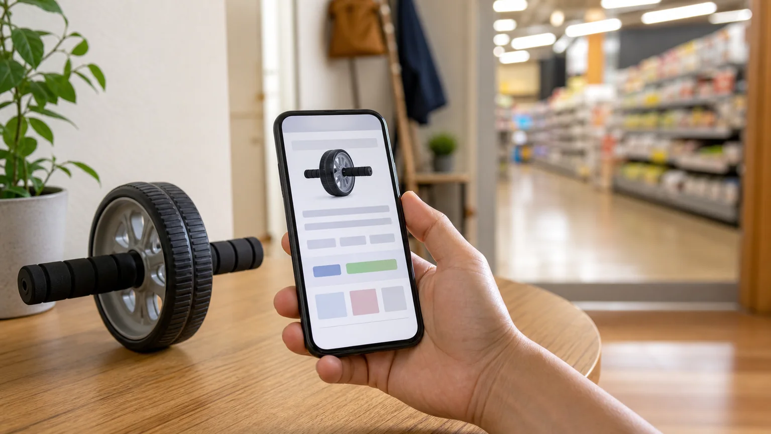 スマートフォンでダイソー腹筋ローラーの在庫を確認するイメージ