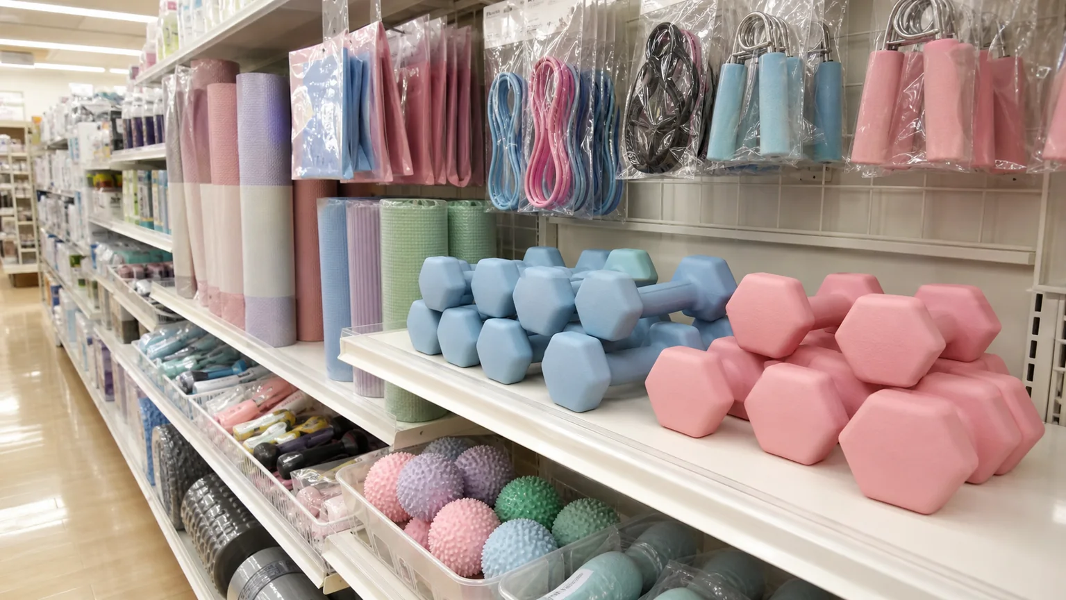 ダイソーのエクササイズ用品売り場でダンベルを探すイメージ