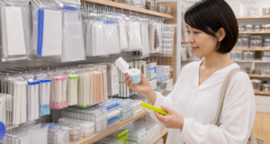 キッチン保存用品売り場で袋用キャップと袋クリップを比べるイメージ