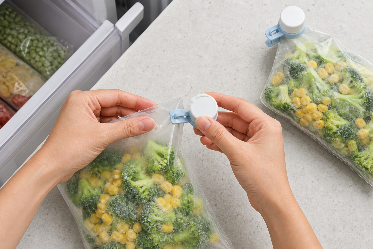 冷凍野菜の袋に白と青の袋キャップを取り付ける手順のイメージ
