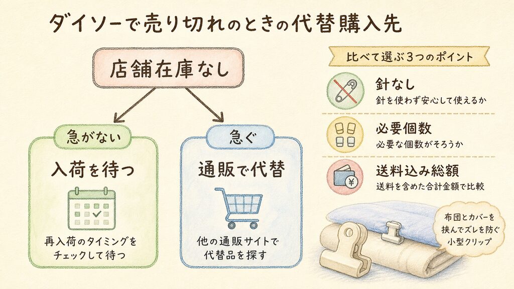 ダイソーで売り切れのときの代替購入先の結論を示す手書き図解