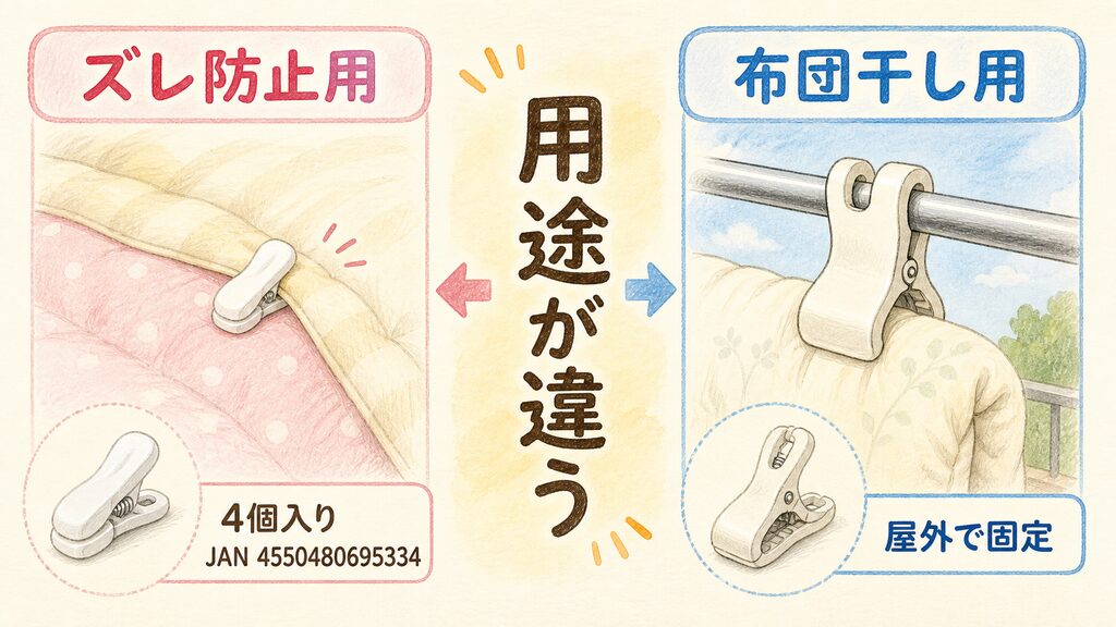 布団クリップの商品情報と用途の違いの結論を示す手書き図解
