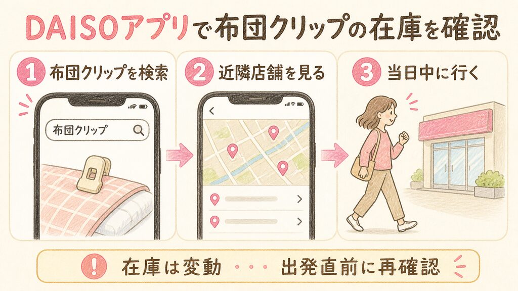 DAISOアプリで在庫を確認する手順の結論を示す手書き図解