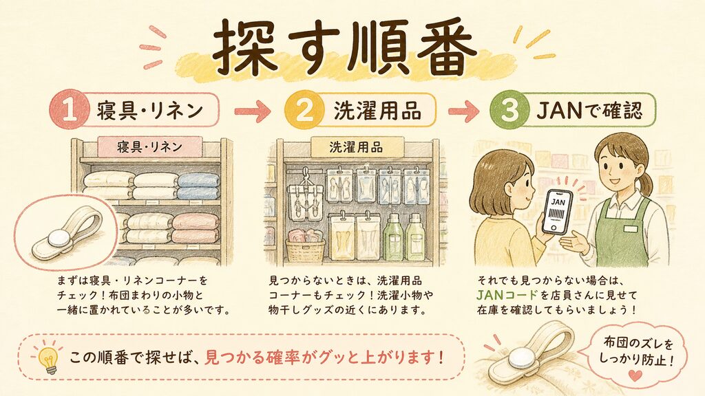 ダイソーの布団クリップはどこで売っている？の結論を示す手書き図解