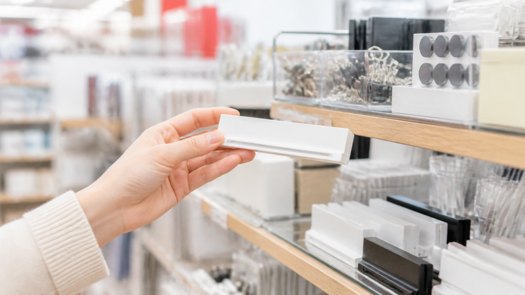 文具売り場で白い差し込み式メモクリップを探すイメージ