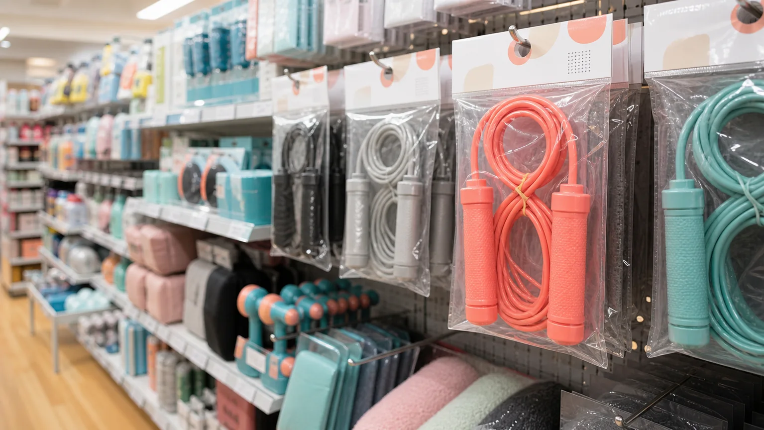 ダイソーのエクササイズ用品売り場で縄跳びを探すイメージ