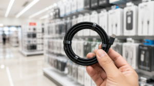 電気・モバイル用品売り場でマグネット式でまとまる充電ケーブルを探すイメージ