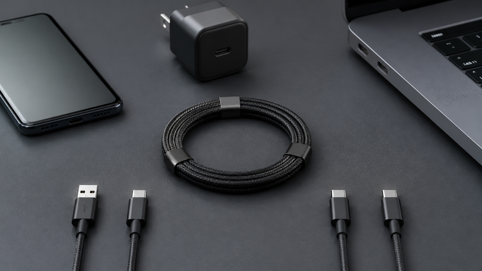 磁力で丸くまとまる充電ケーブルとUSB-A・USB-C端子を比較するイメージ