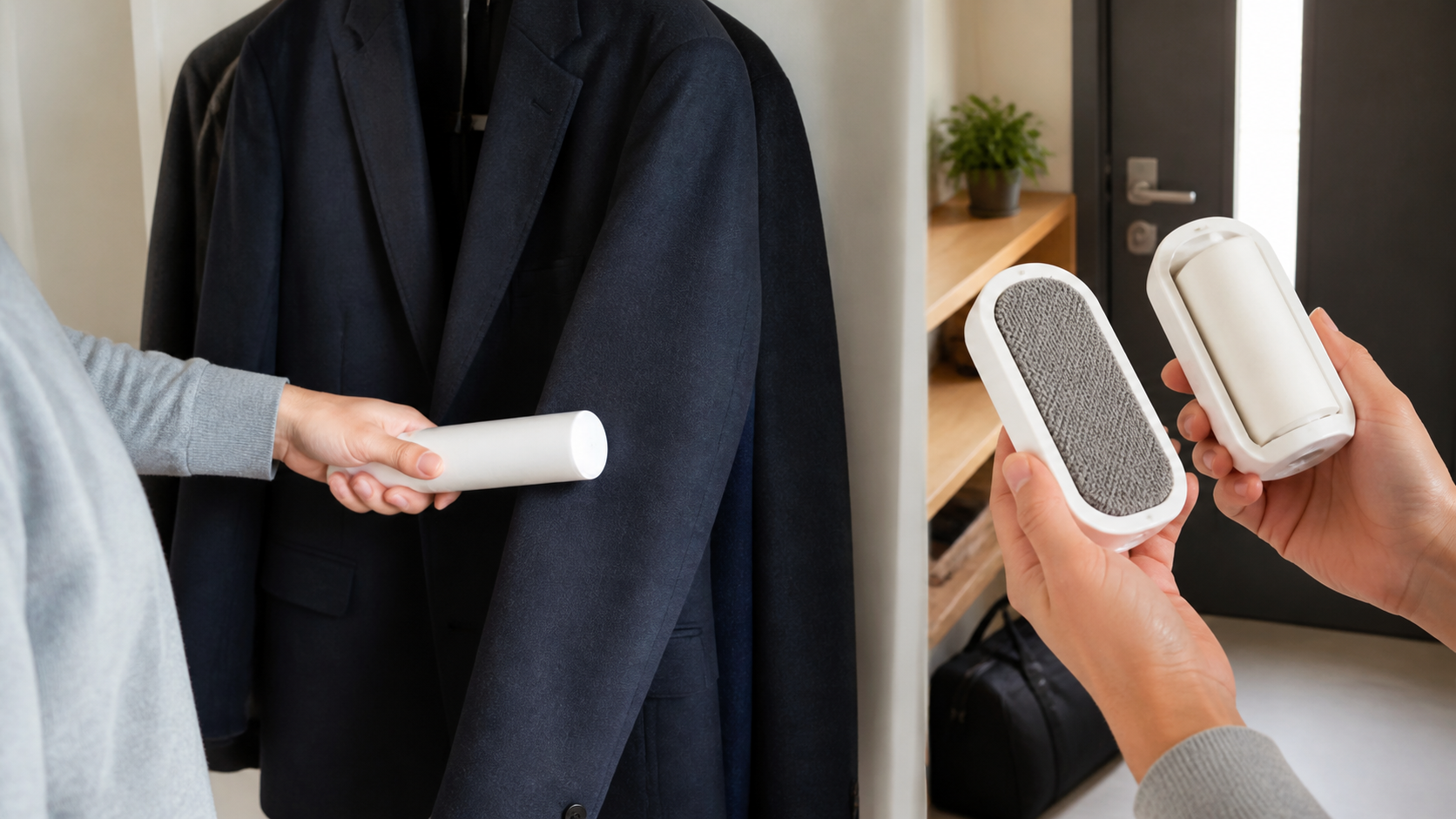 黒いジャケットに携帯用の粘着ロールと衣類ブラシを使うイメージ