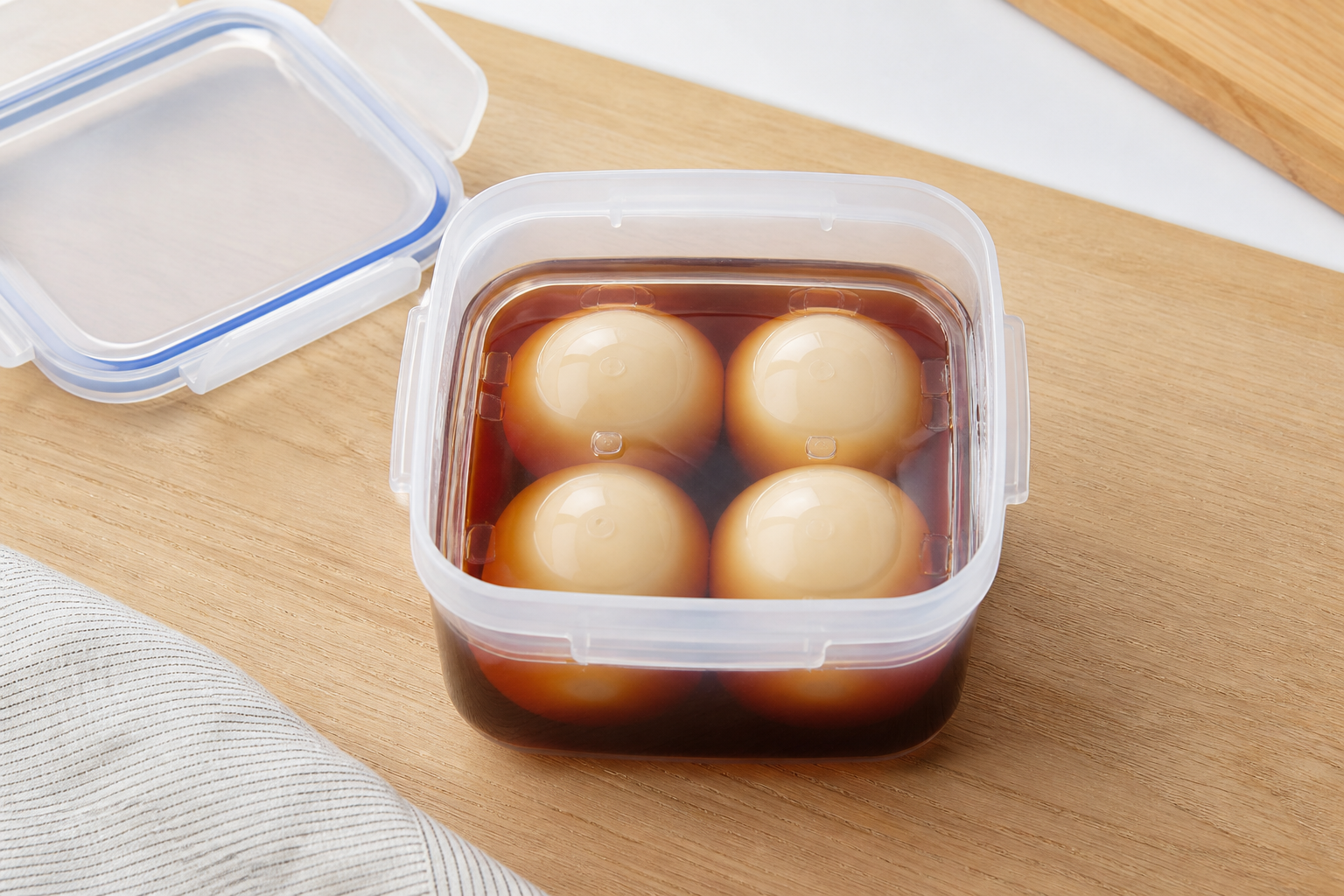 4個のゆで卵を落とし蓋で調味液へ均等に漬ける使用イメージ