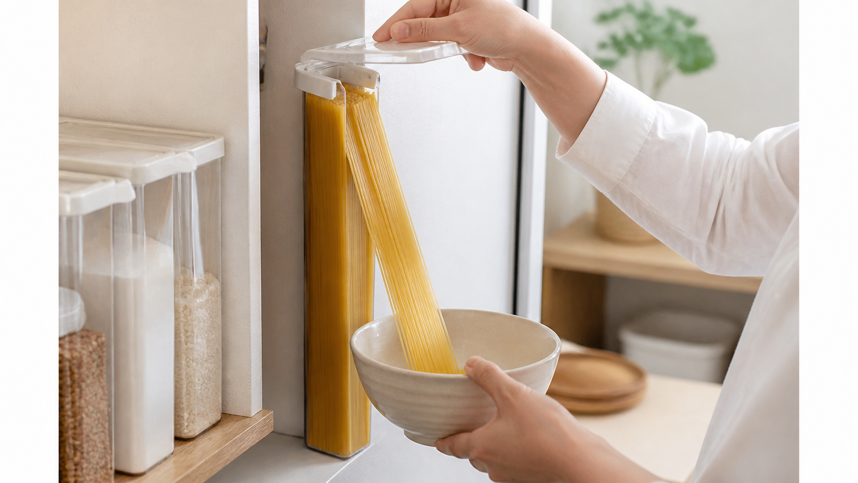 キッチンの隙間に置いたスリムなパスタ保存容器から乾麺を取り出すイメージ