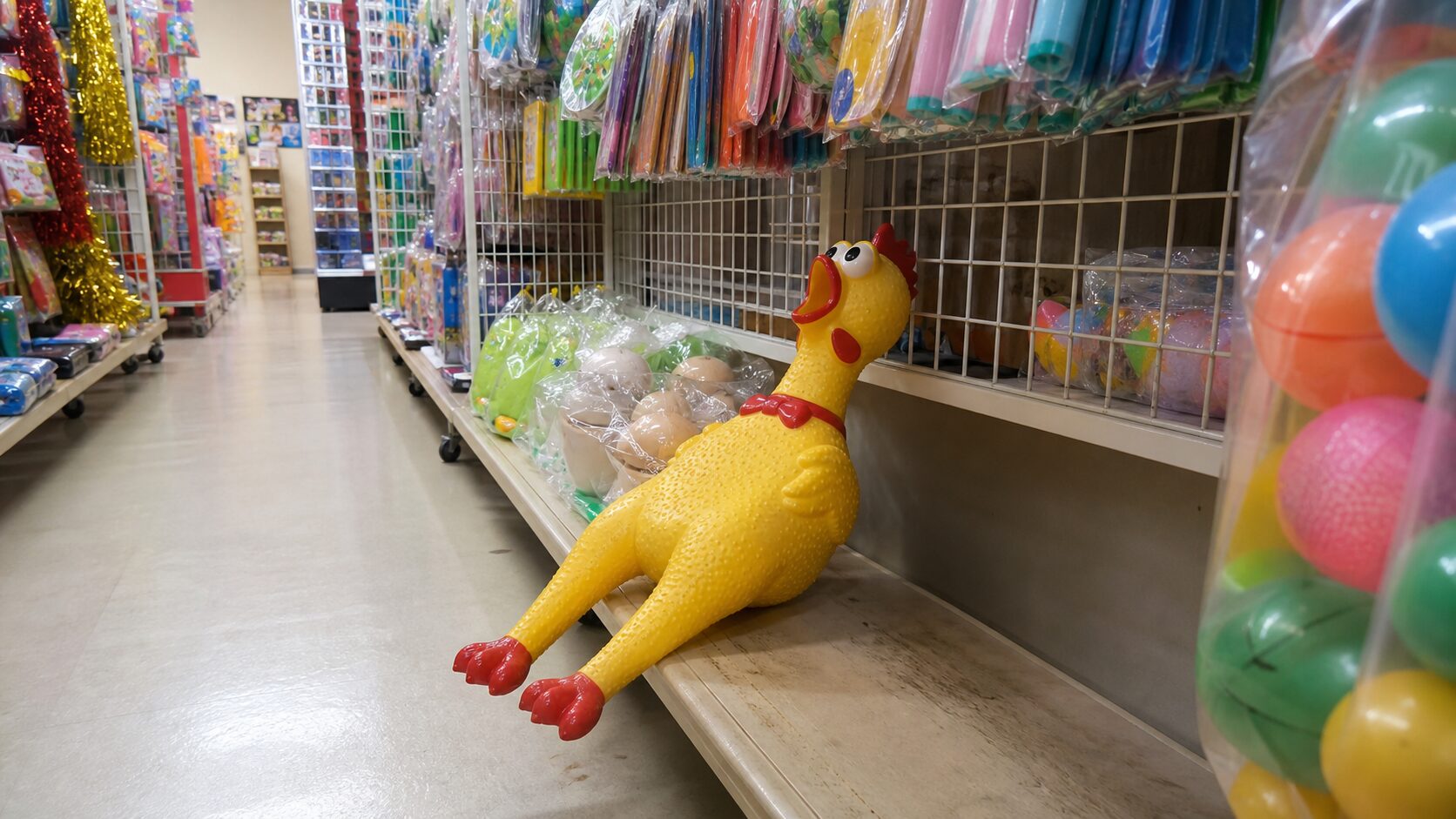 押すと鳴く大きい鶏が置かれているおもちゃ売り場のイメージ