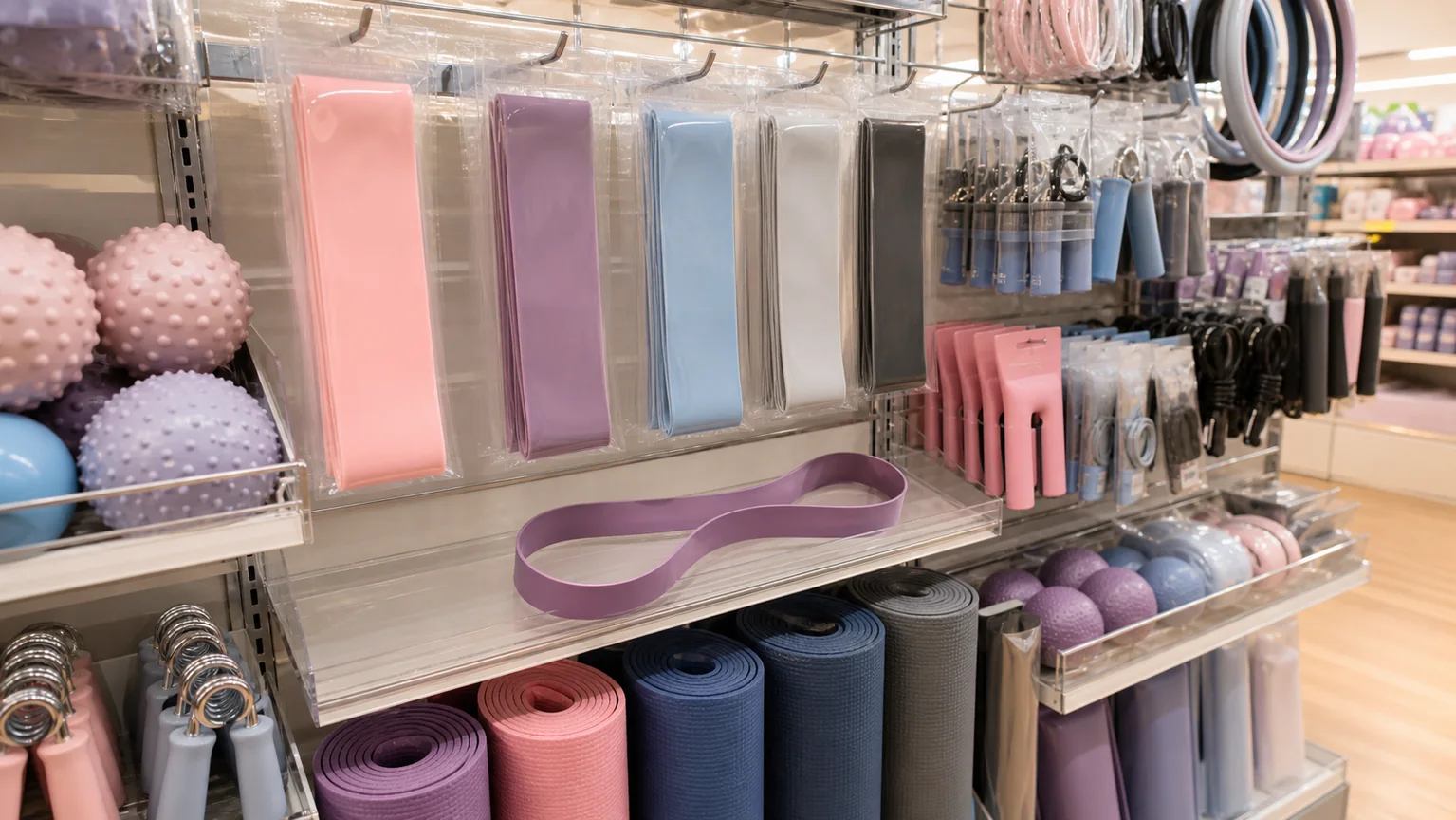 ダイソーのエクササイズ用品売り場でトレーニングチューブを探すイメージ