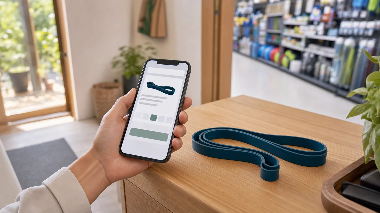 スマートフォンでダイソートレーニングチューブの在庫を確認するイメージ