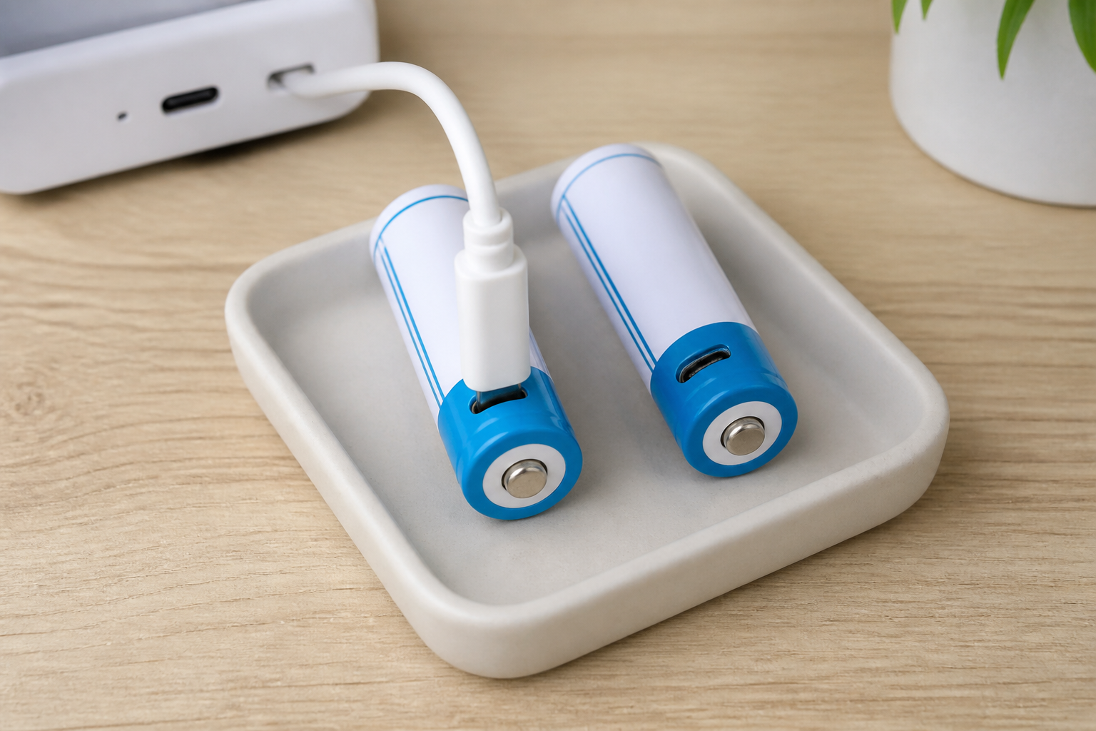 単3形充電池のUSB Type-C端子へケーブルを接続するイメージ