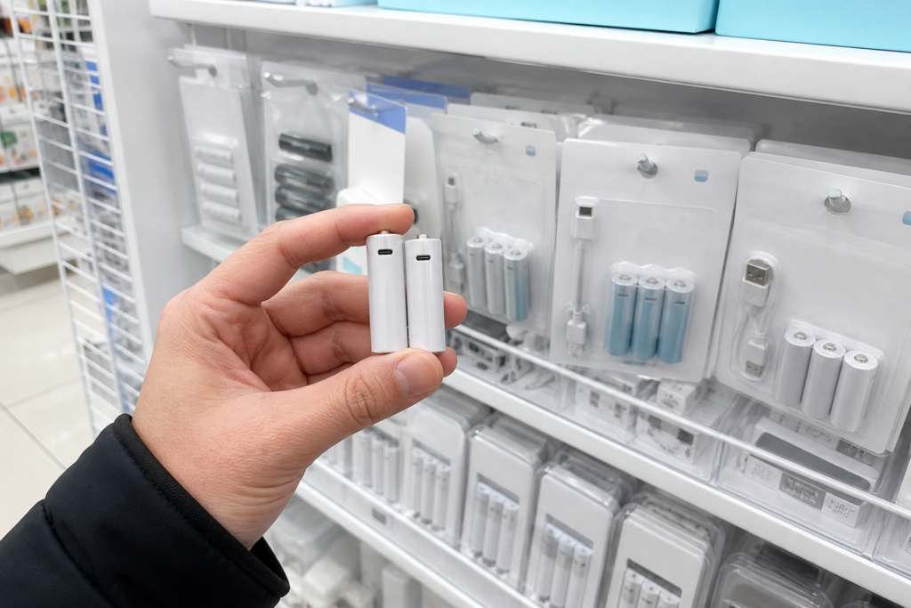 電池売り場でUSB Type-C端子付き単3形充電池を探すイメージ