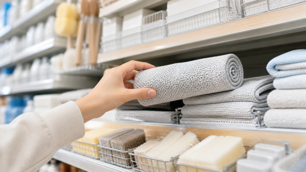 掃除用クロスやキッチンスポンジが並ぶ売り場でスクラブクロスを探すイメージ