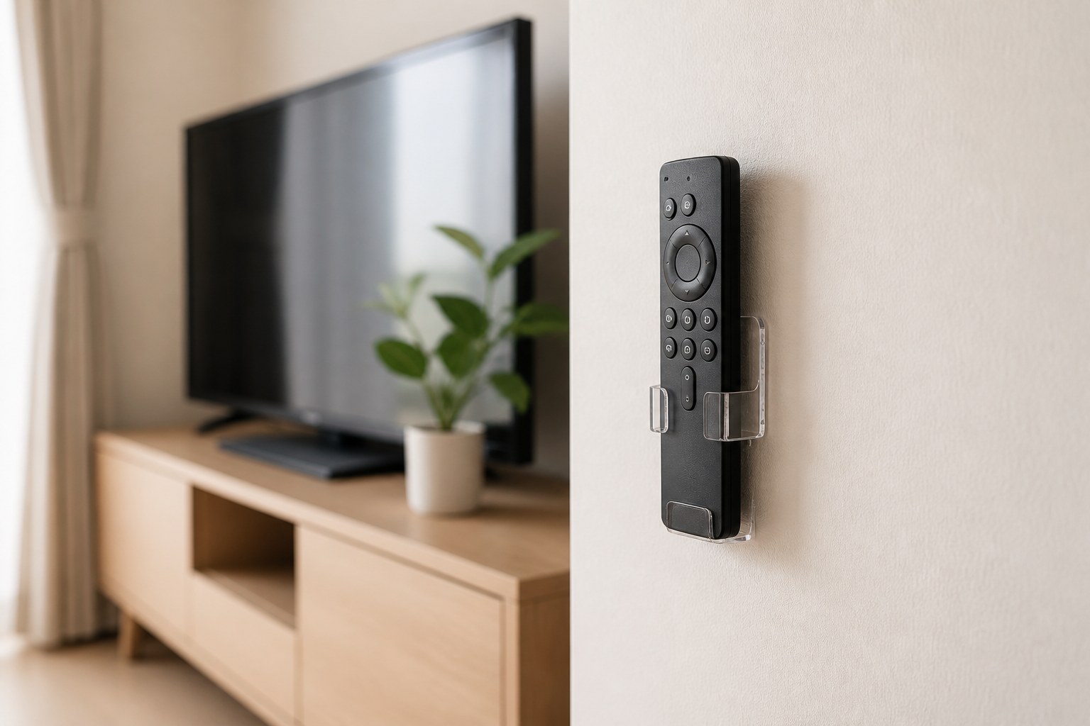 テレビ横の壁に透明フックでリモコンを収納したリビングのイメージ
