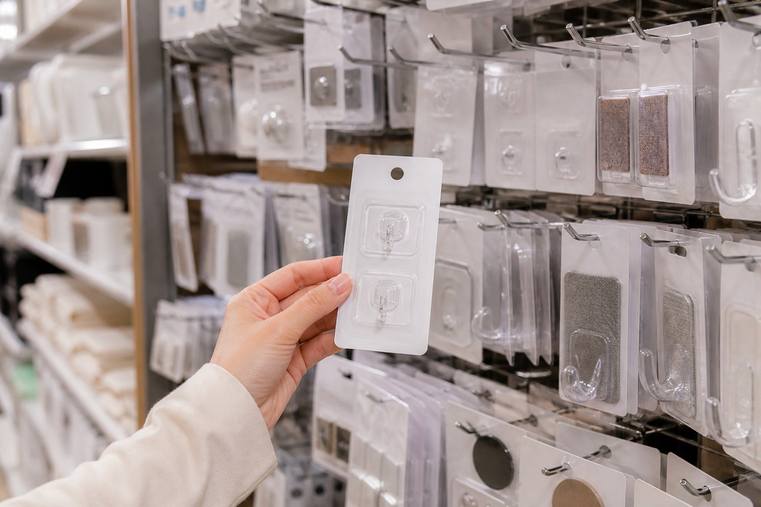 店舗の粘着フック売り場で透明フックを探すイメージ