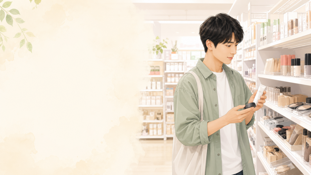 メンズメイク用品を売り場で選ぶイメージ