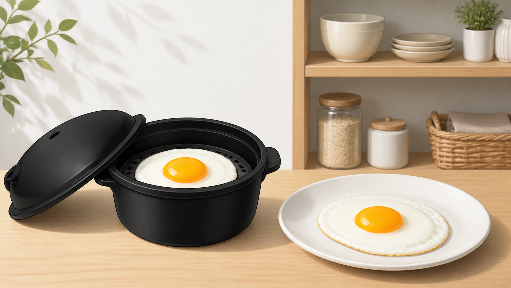 電子レンジ調理器で目玉焼きを作るイメージ