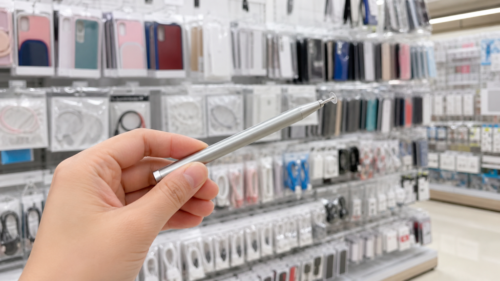 100円ショップのモバイル用品売り場で透明ディスク付きタッチペンを選ぶイメージ