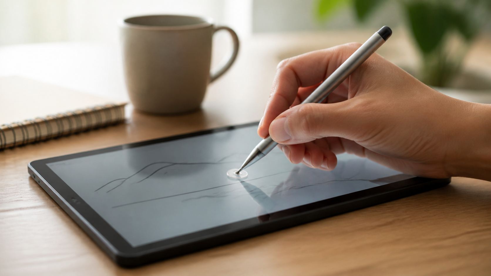 透明ディスクを画面に密着させてタッチペンでタブレットを操作するイメージ