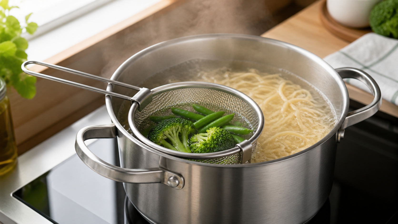 鍋の縁に小型のゆでザルを掛けて野菜と麺を一つの鍋でゆで分けるイメージ