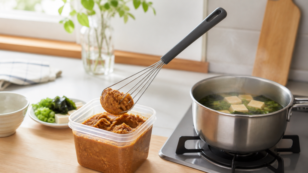 三角形のワイヤー式みそマドラーで味噌をすくう使用イメージ